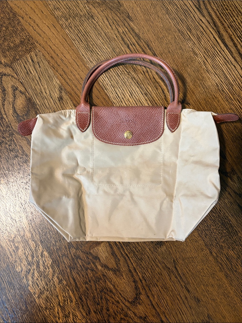 Longchamp Beige Nylon Tote with Brown Leather Trim